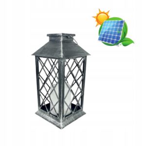 LAMPION OGRODOWY ZE ŚWIECĄ LED SOLARNY LAMPKA ZNICZ KRATKA SREBRNY 28CM